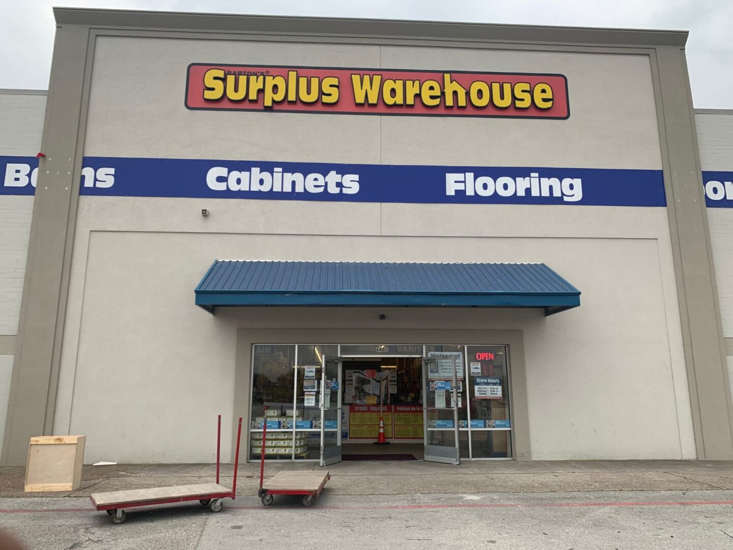 Surplus warehouse front view on the display